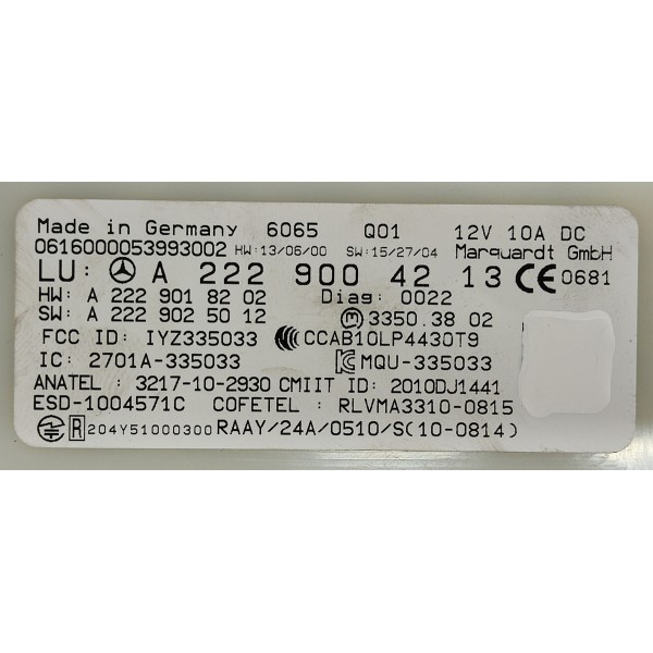 Modulo Chave Keyless Mercedes C180 1.6 2017 A2229004213